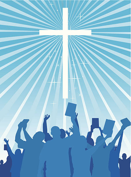 Christian worship A group of people praying to God praise and worship stock illustrations