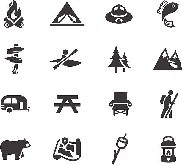 ilustraciones, imágenes clip art, dibujos animados e iconos de stock de símbolos de acampada y actividades al aire libre - stick wood isolated tree