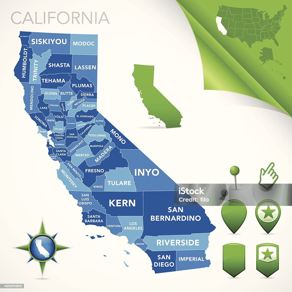 California County Map Highly-detailed California county map. Each county is in it's own separate labeled layer. County names are in a separate layer and can be easily adjusted or removed as well. All layers have been alphabetized for easy manipulation, recoloring or other use.  California stock vector