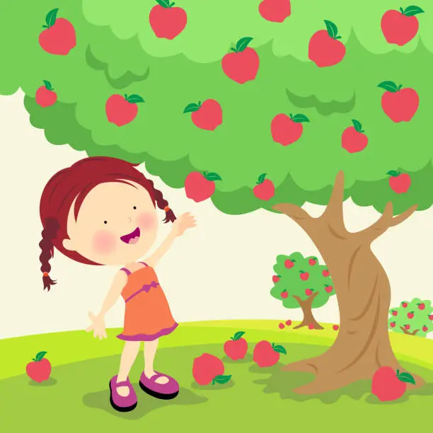 Vector illustration of An illustration of a little girl picking ripe apples