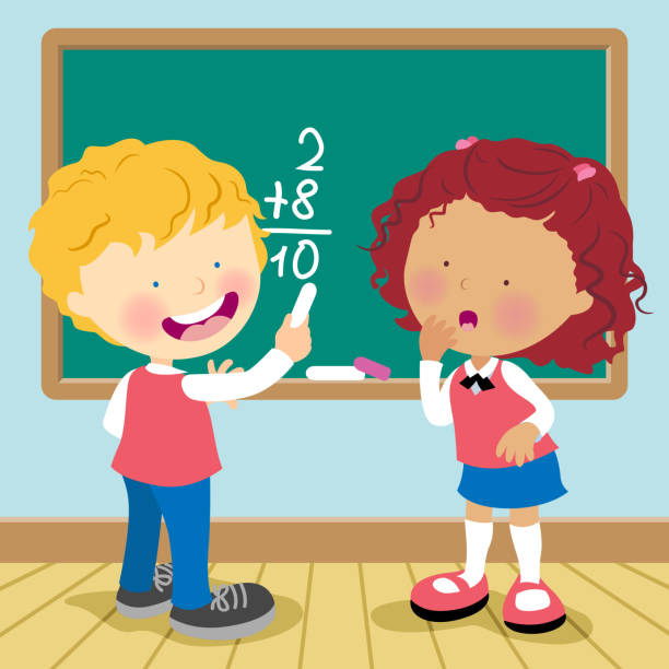 Cartoon of a boy and a girl doing math on a blackboard Student studying in front of a chalkboard schoolgirl uniform stock illustrations