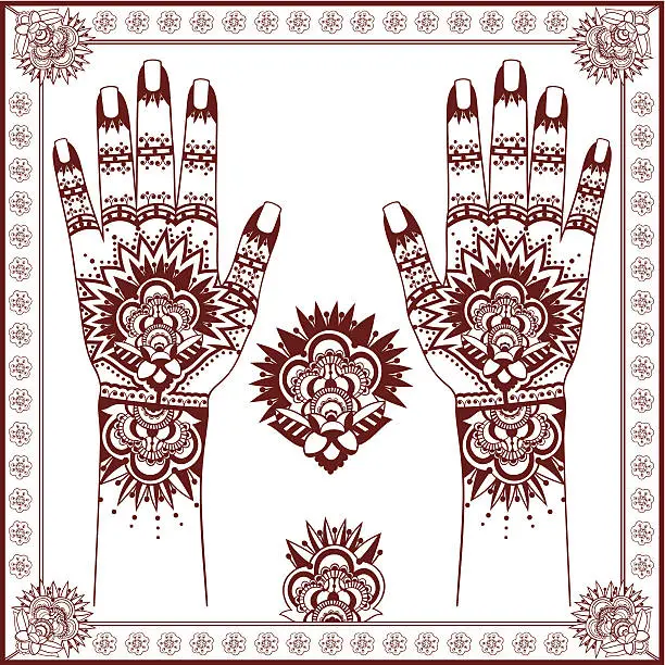 Vector illustration of Mehndi. Henna painting on hands