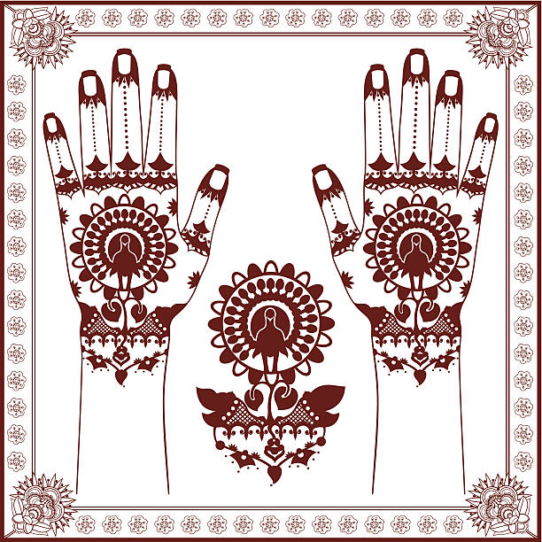 ilustraciones, imágenes clip art, dibujos animados e iconos de stock de mehndi con silueta de peacock en el medio - hinduism henna tattoo tattoo human hand