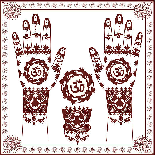 Mehndi with Om (Aum) symbol in the middle Hands decorated Mehndi with Elements Design and Om (Aum) symbol in the middle. Festive design. henna on hands with om stock illustrations