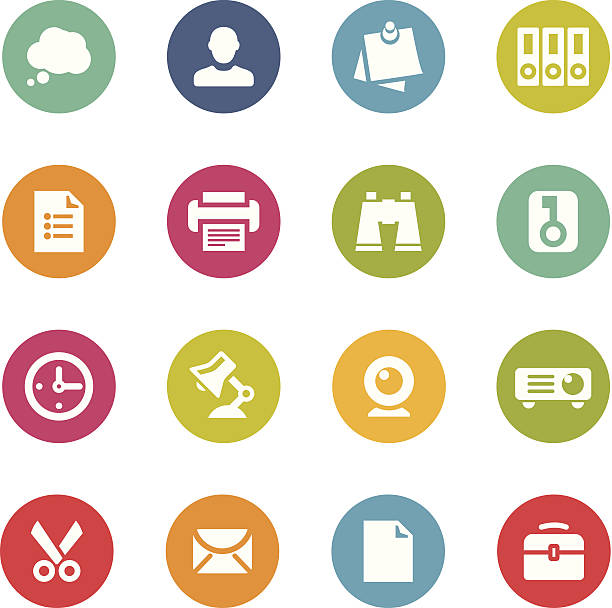 Set of round and flat office icons vector art illustration