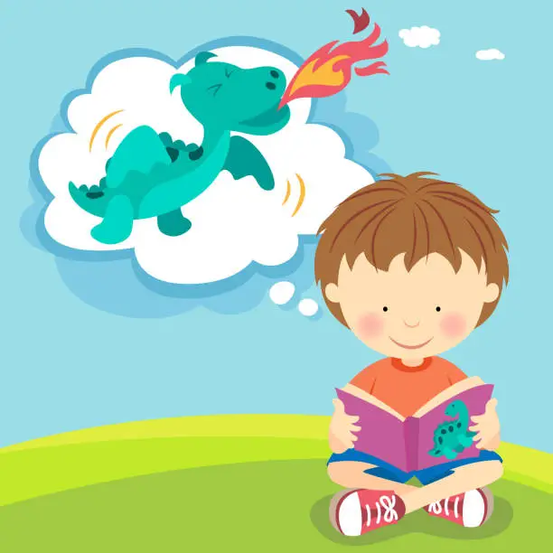 Vector illustration of Boy imagining fire breathing dragon from book