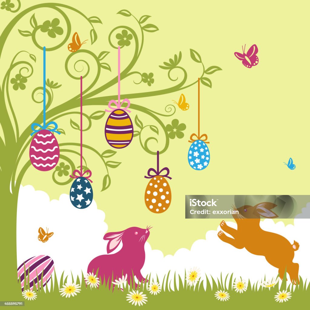 Easter Eggs Hang Up in the Whimsical Tree Easter bunnies & egg tree. EPS10. Easter Egg stock vector