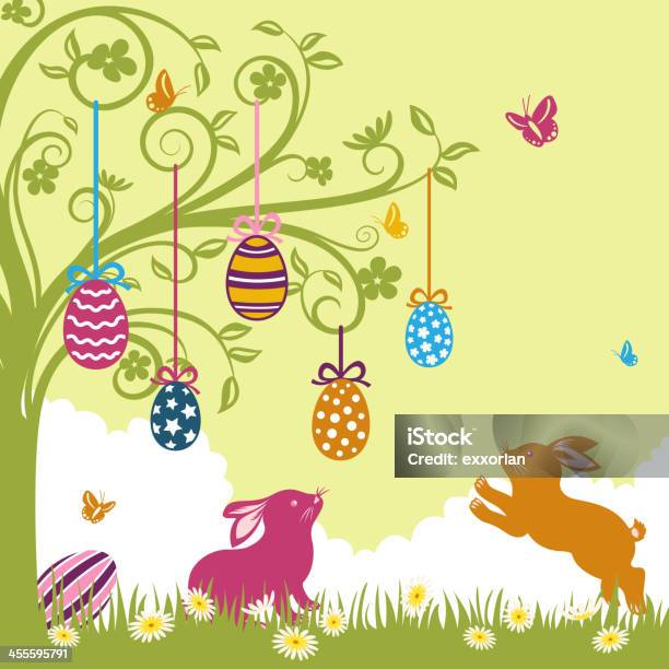Easter Eggs Hang Up In The Whimsical Tree Stock Illustration - Download Image Now - Easter Egg, Rabbit - Animal, Abstract