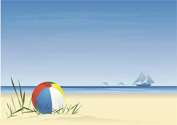 Vector illustration of Illustration of a beach with dolphins and beach ball