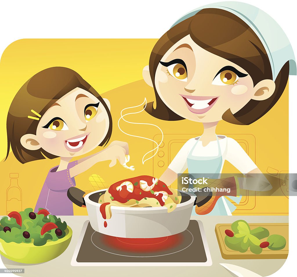 Cooking Mama Vector illustration of a cheerful mother cooking with her girl. These delightful characters are great for cooking/family activity related topic. The hair/eye colour can be edited in Adobe Illustrator easily.  Cartoon stock vector
