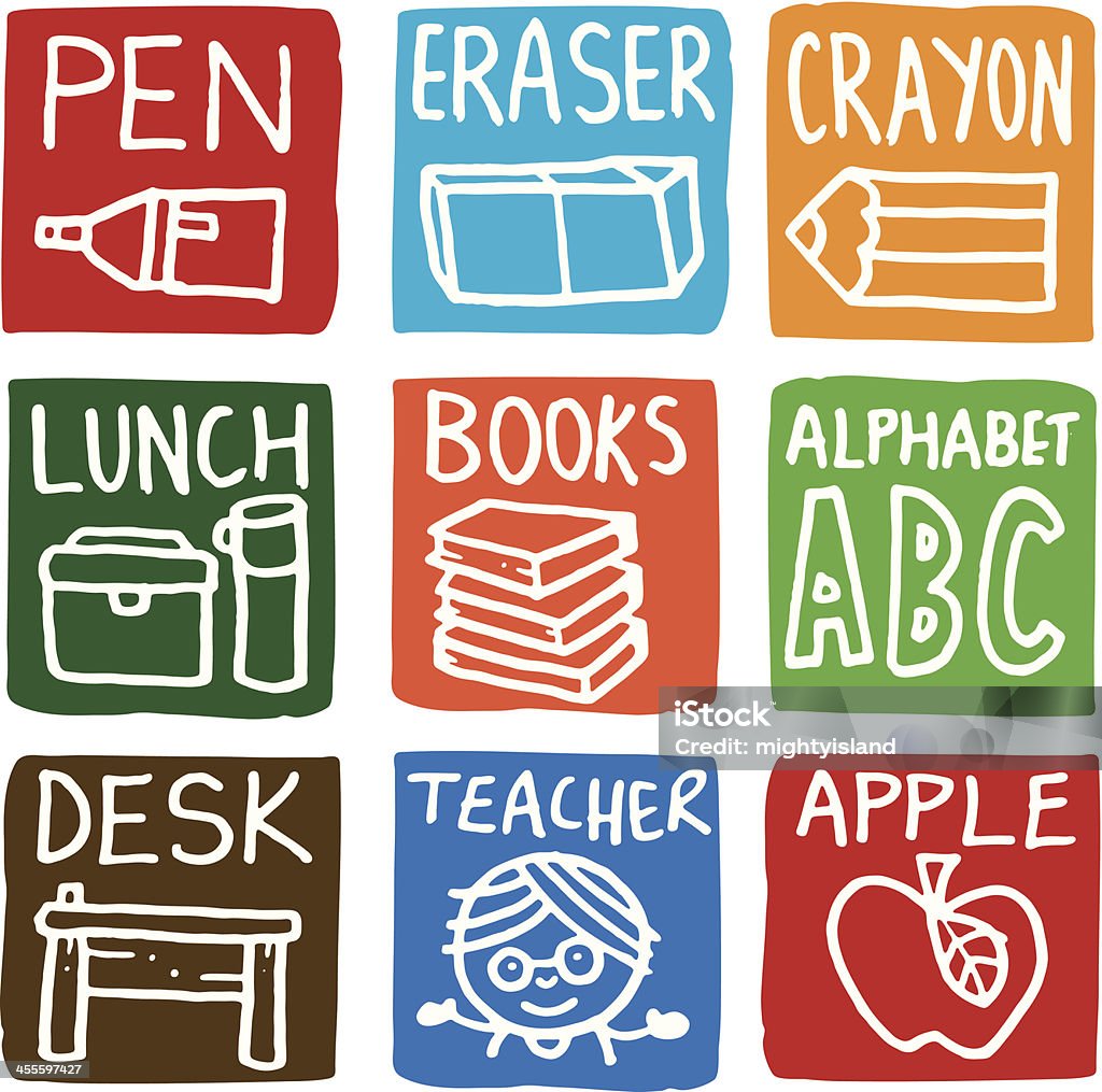 School icon blocks A set of block-shaped icons relating to school. Alphabet stock vector