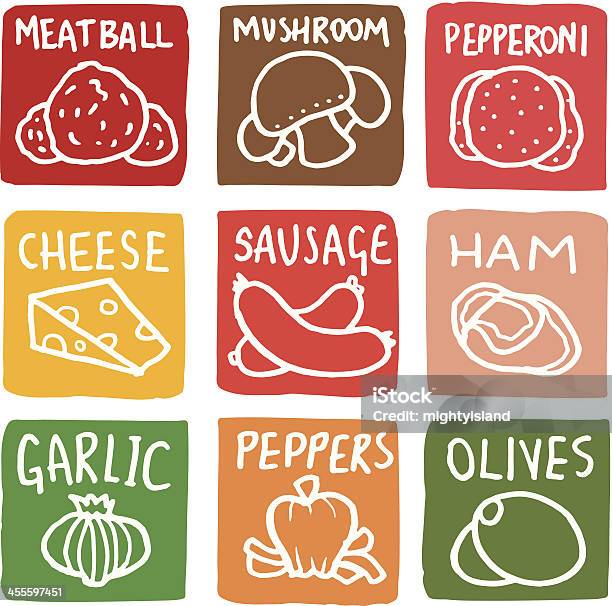 Pizza Toppings Icons Set Block Icon Stock Illustration - Download Image Now - Drawing - Art Product, Part Of, Sausage