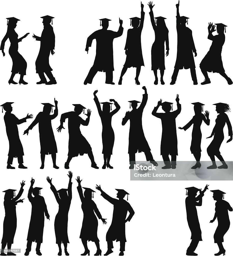 Highly Detailed Dancing Graduates Silhouettes of graduates dancing, detailed to the hair on their heads. The mortar boards are on a separate layer so it's easy to change their colours if needed. Adult stock vector