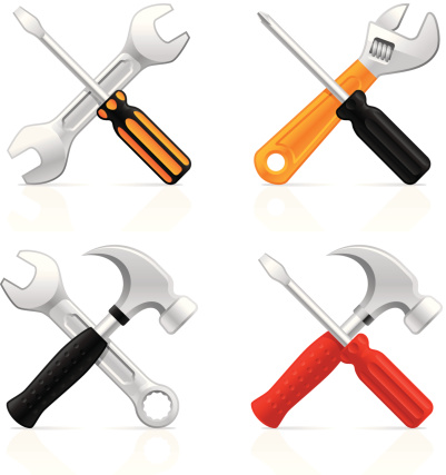 Four various crossed tools icons represent Settings, Repair and Service. Extra quality icons pack isolated on white background. 