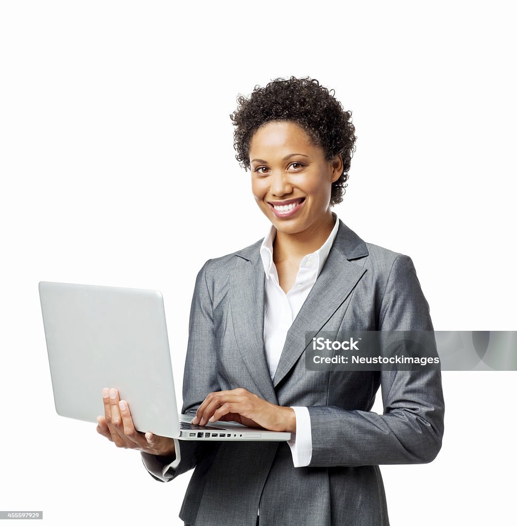 Donna d'affari in piedi con notebook-isolato - Foto stock royalty-free di Sfondo bianco