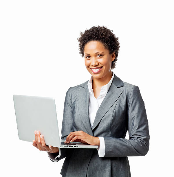 istock Businesswoman Standing With a Laptop - Isolated 455597929