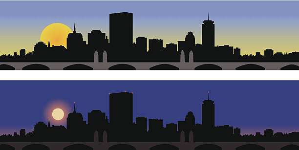 ilustrações de stock, clip art, desenhos animados e ícones de boston dia e de noite - boston skyline night silhouette