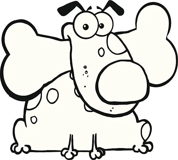 Vector illustration of Black and White Fat Dog With Big Bone In Mouth