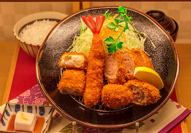 istock Japanese dinner set with shrimp, some pork and chicken cutlets 455604299