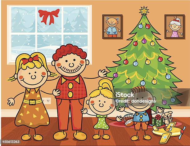 Family At Christmas Kids Stock Illustration - Download Image Now - Art Product, Art and Craft Product, Cartoon