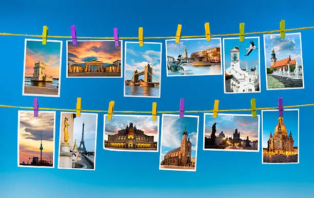 Collage with postcards of european landmarks on blue background
