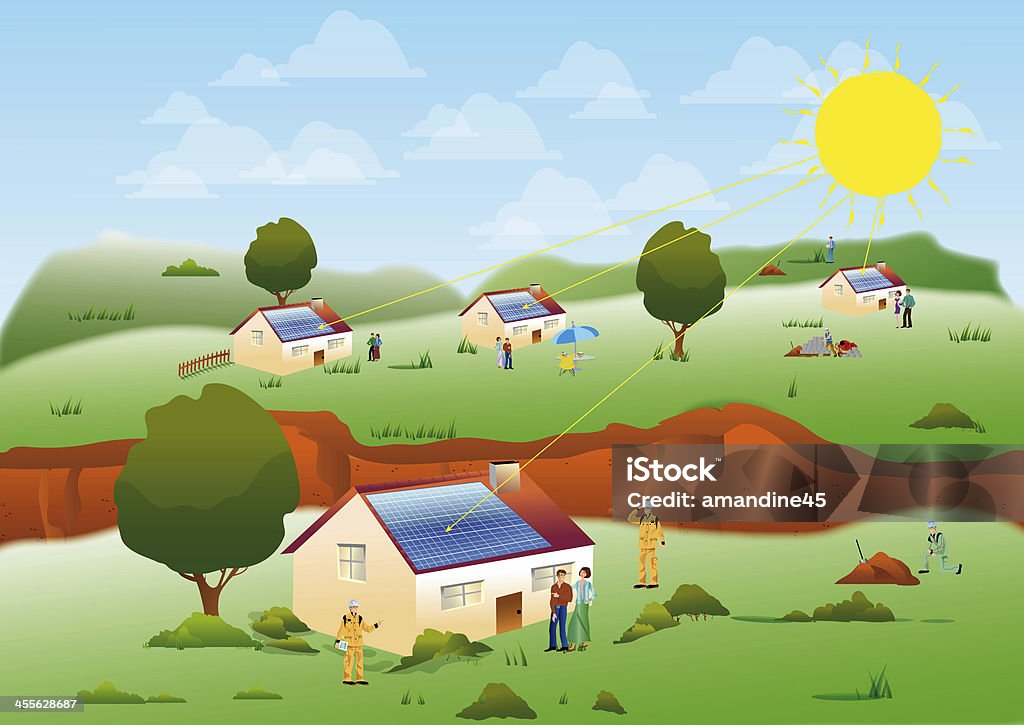 energy solar illustration of several solar homes located in a meadow for an environmentally sustainable electric power and renewable Air Conditioner stock illustration