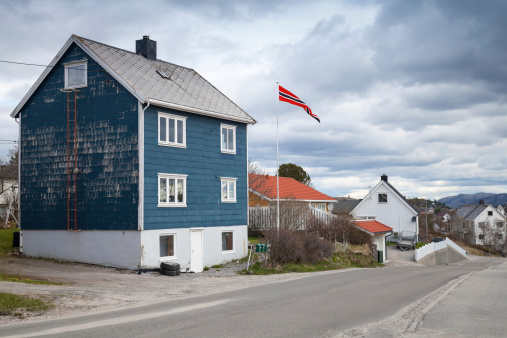 Small Norwegian village landscape with colorful wooden houses and flag
