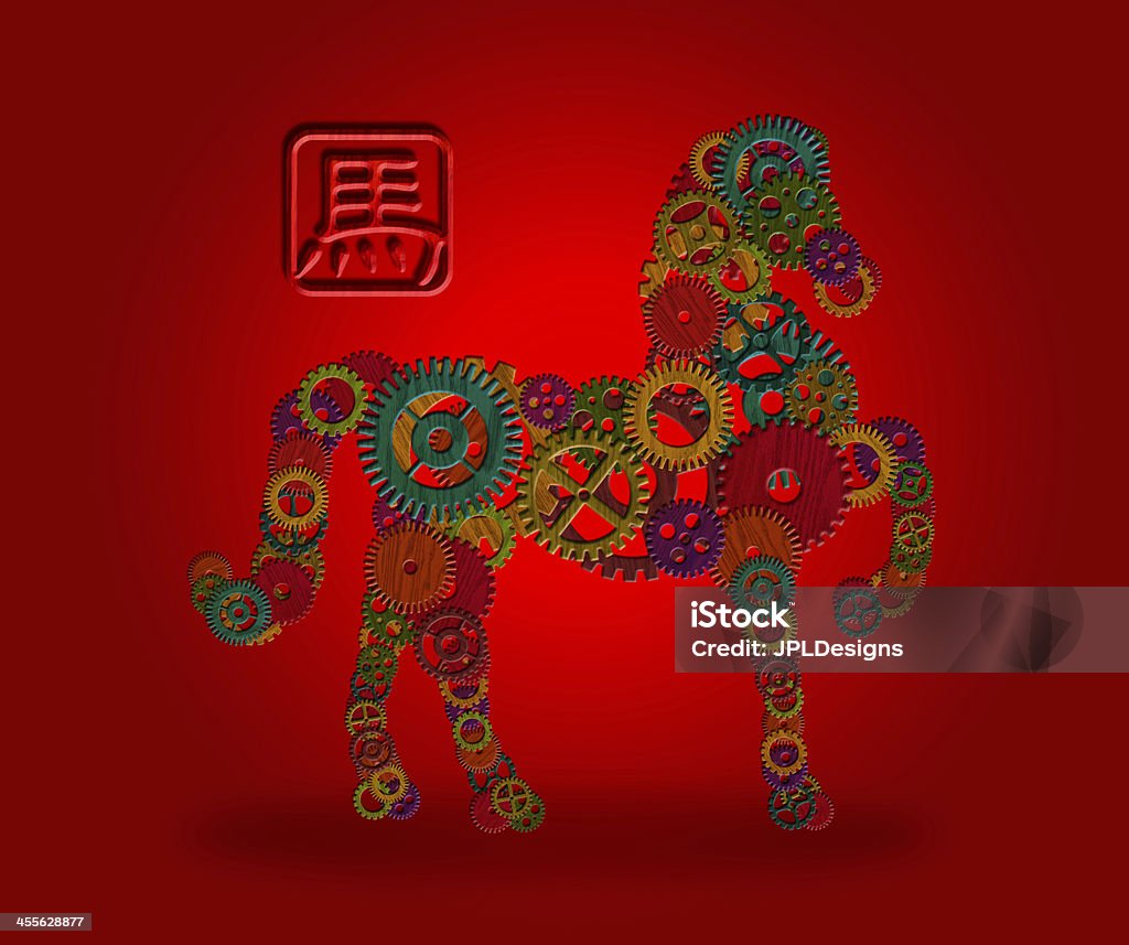 Chinese Zodiac engranajes de madera caballo 2014 fondo rojo - Foto de stock de 2014 libre de derechos