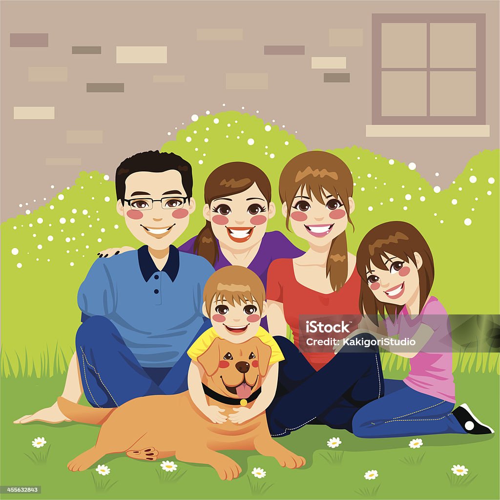 Sweet Happy Family Sweet happy family posing together sitting in the backyard with their golden retriever dog Child stock vector