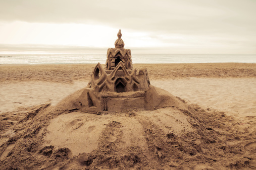 Sand castle on the beach Barcelona. Catalonia, Spain. Vintage retro style