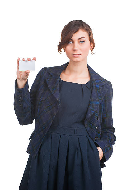 istock Attractive woman with business card 455646813