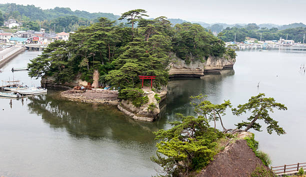 Landscape with sea, island and port in Matsushima, Japan. stock photo