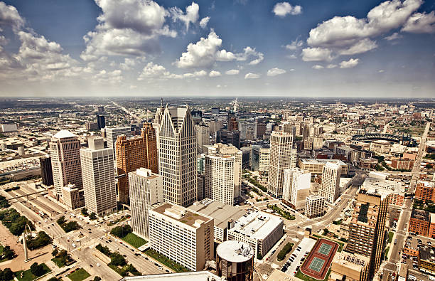 Downtown Detroit Aerial view of abandoned downtown of Detroit, Michigan detroit michigan photos stock pictures, royalty-free photos & images