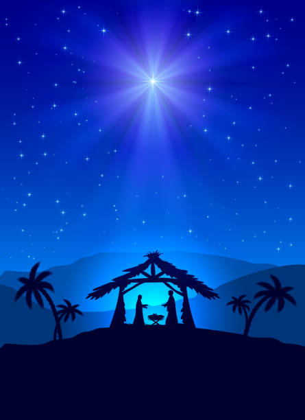 bildbanksillustrationer, clip art samt tecknat material och ikoner med religious representation of christmas night - children tree christmas silhouette