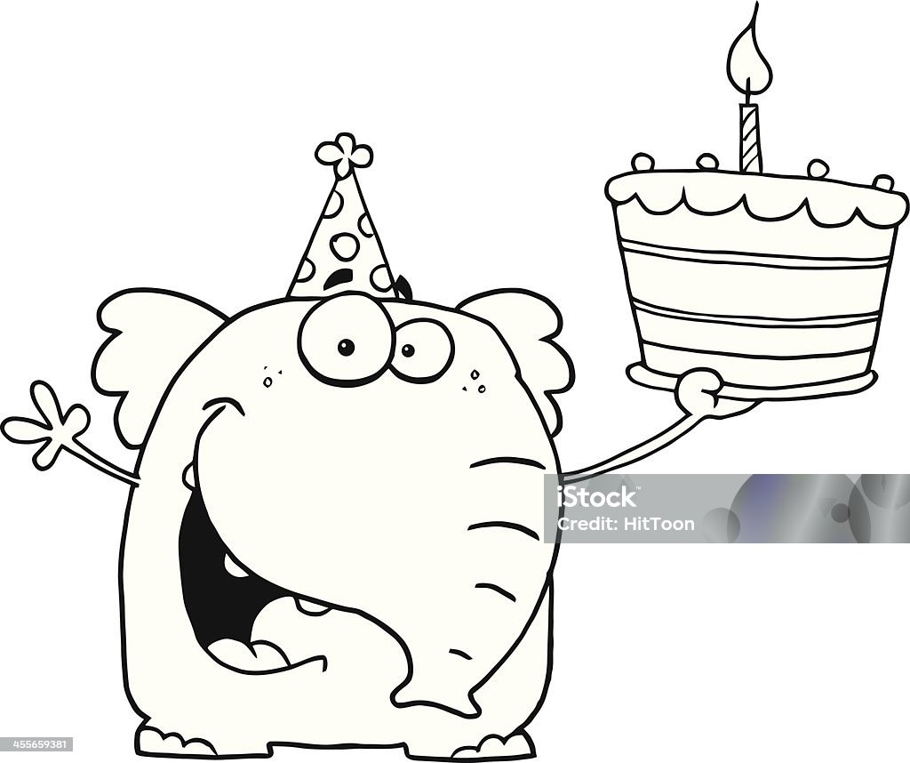 Black and White Happy Elephant Holding A Cake Similar Illustrations: Animal stock vector