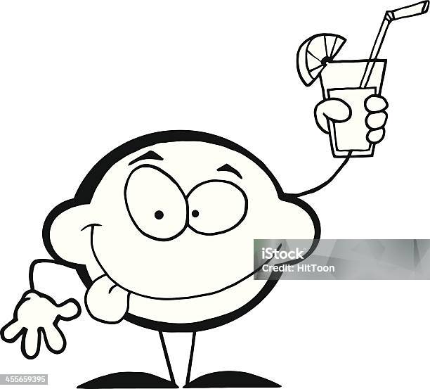 Black And White Lemon Holding A Glass Stock Illustration - Download Image Now - Black And White, Cartoon, Characters