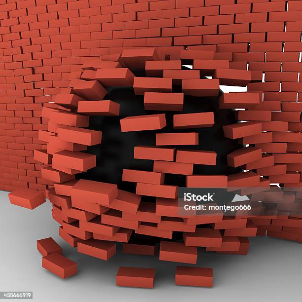 Black Ball Moving Through Brick Wall Stock Photo - Download Image Now - Abstract, Activity, Backgrounds