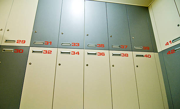 Modern cabinets in dreesing room on the gym stock photo