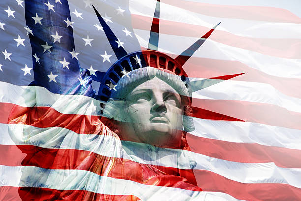 istock Statue of Liberty with flag the U.S.A 455672715