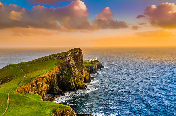 istock Colorful ocean coast sunset at Neist point lighthouse, Scotland 455682205