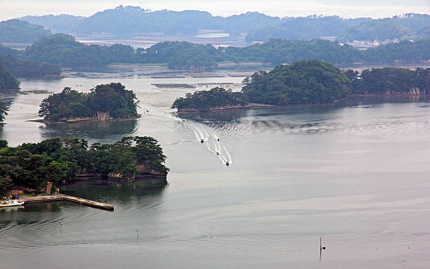 Spectacular islands of Oku-Matsushima seen from a hill. stock photo