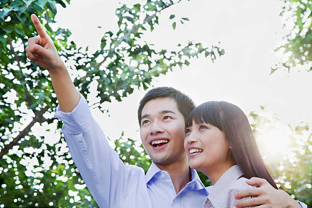 istock Young Couple Embracing and Pointing 455687433