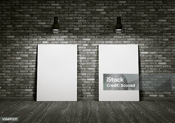 Two Whiteboards In The Room Stock Photo - Download Image Now - Blank, Brick, Brick Wall