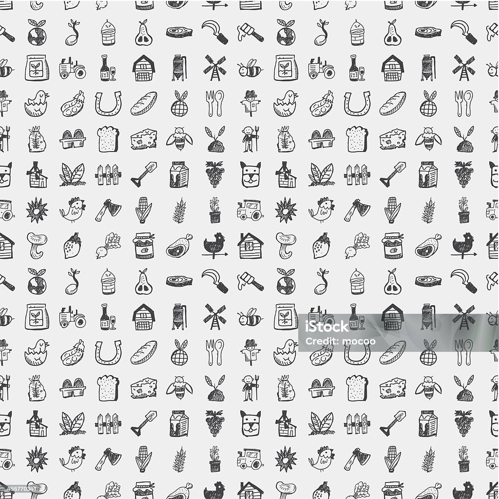 Farm related little icons on grey scale seamless doodle farming pattern Icon Symbol stock vector