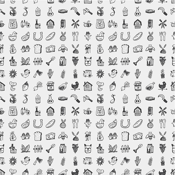 Farm related little icons on grey scale seamless doodle farming pattern farmer drawings stock illustrations