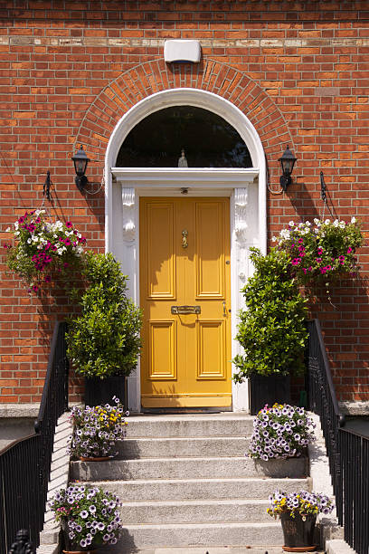 istock Yellow Dublin door with flowers 455855405