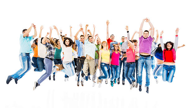istock Large group of happy people with raised arms. 455957949