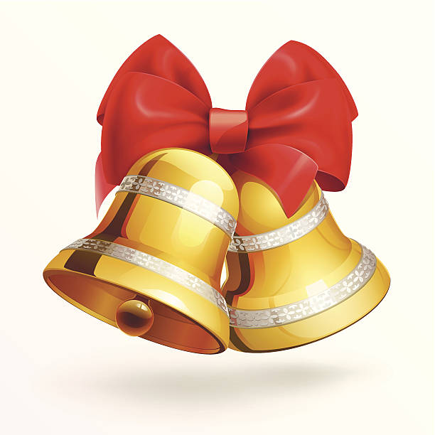 ゴールドの鈴と白色の背景に赤いリボン。 - bell handbell christmas holiday点のイラスト素材／クリップアート素材／マンガ素材／アイコン素材