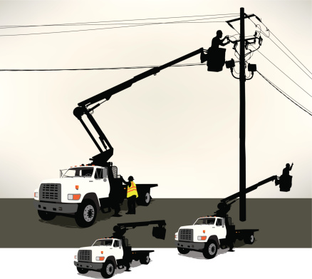 Tight graphic illustration of an electrician in a bucket truck fixing a power line. Layered for easy edits. Three bucket positions. Check out my 