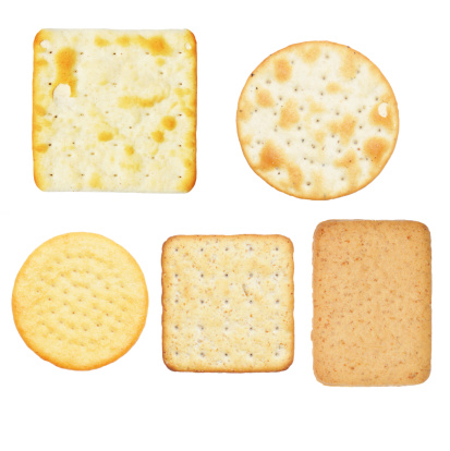 Variety of cheese crackers assortment isolated on white.